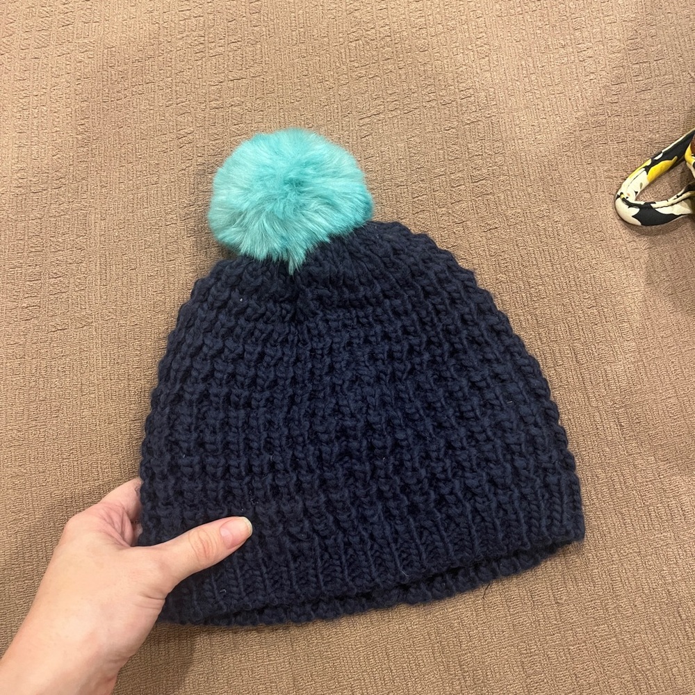Navy Blue Knit Beanie with Teal Faux Fur Pom-Pom
